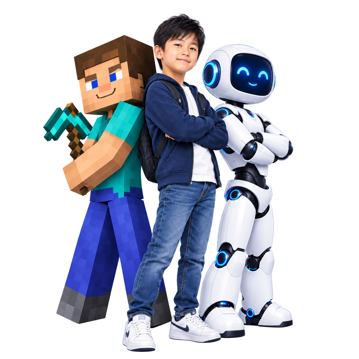 A student standing between a blocky game character and a friendly robot, arms crossed, representing game development, coding and AI